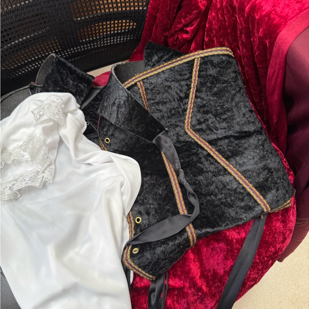 Wench costume with red velvet skirt and lace up Corset